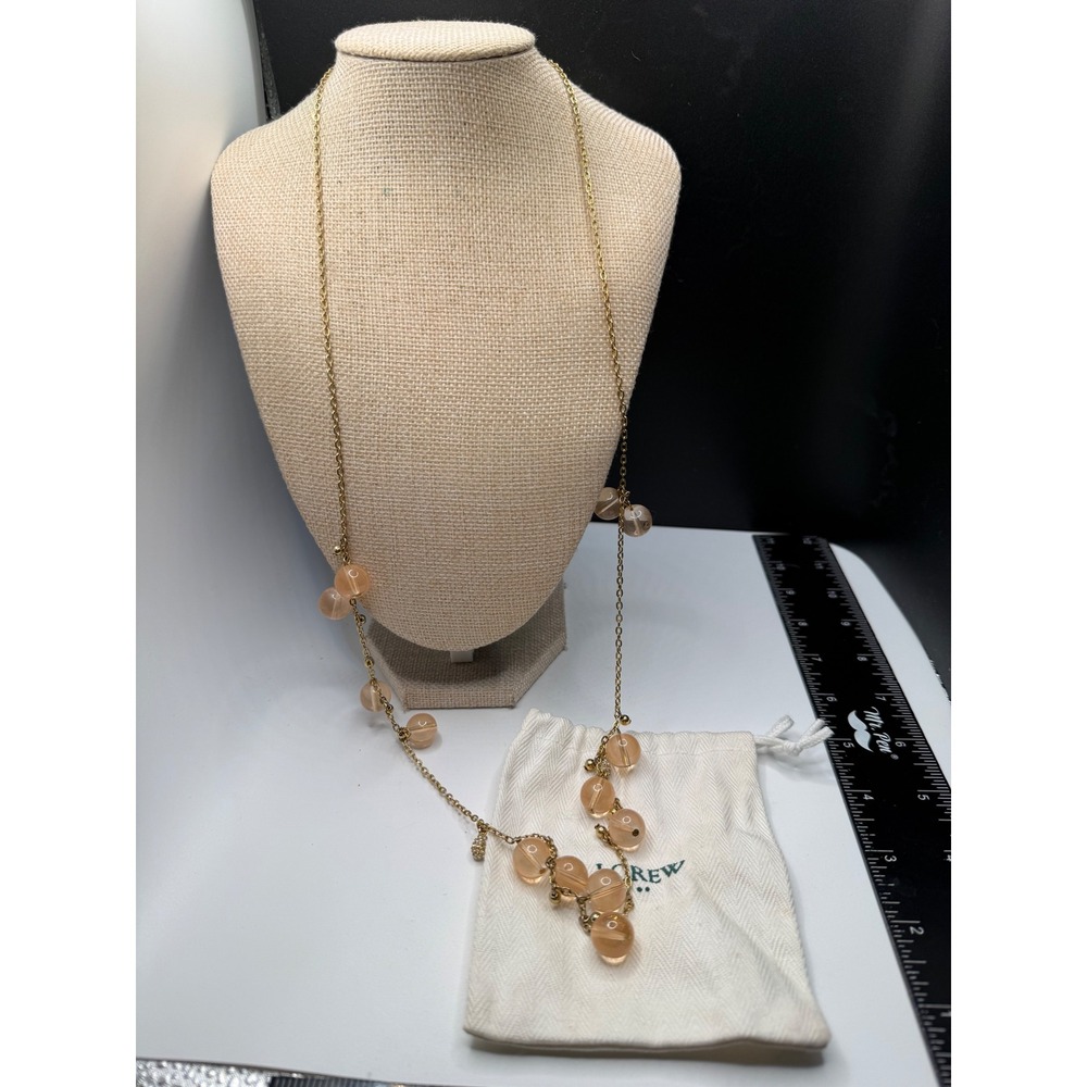 J.Crew Gold Tone Long Peach Bead Pave Crystal Charm Necklace with Dust Bag